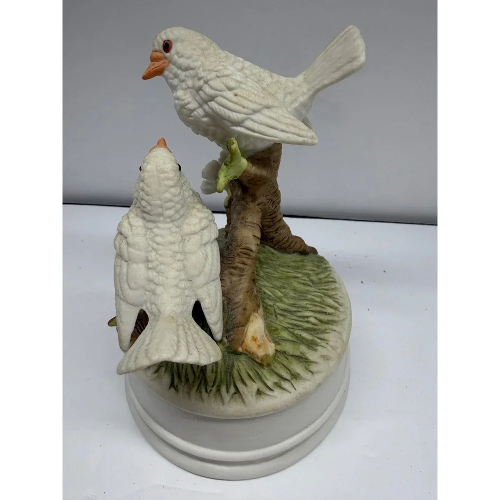 Vintage Bisque Porcelain White Birds on Branch Rotating Music Box Figurine
